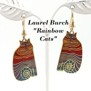 Laurel Burch "Rainbow Cats" Earrings, Multicolored Cloisonne Gold Plated Enamel